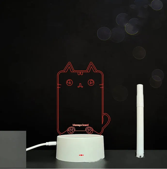 3D acrylic LED message board with touch control, black ABS base, USB cable, and stylus pen on desk