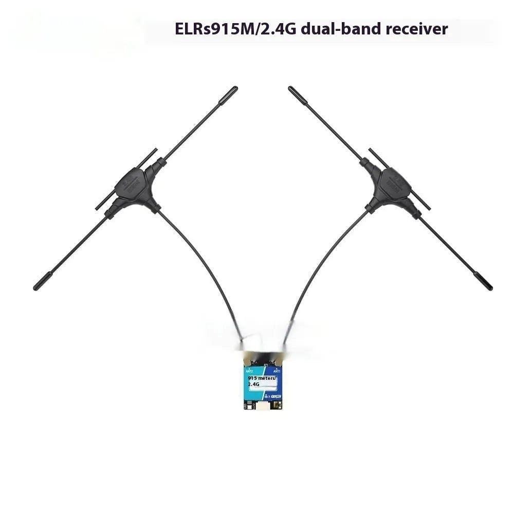 Gemini ELRS dual-frequency FPV receiver with metal case and two T-shaped antennas.