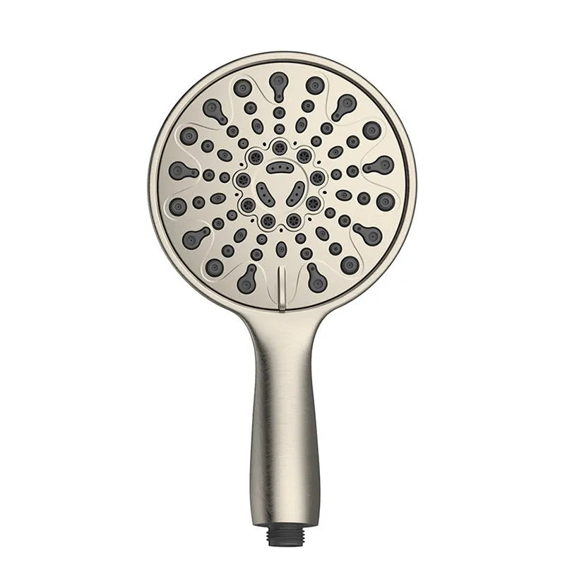 Six-function handheld shower head with electroplated finish and 6-inch diameter face.