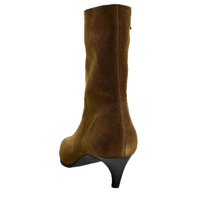 Brown square toe ankle boots with a side zip and a waterproof platform kitten heel.