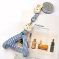 Blue nylon harness and leash set for a small dog, showing quick-release buckles.
