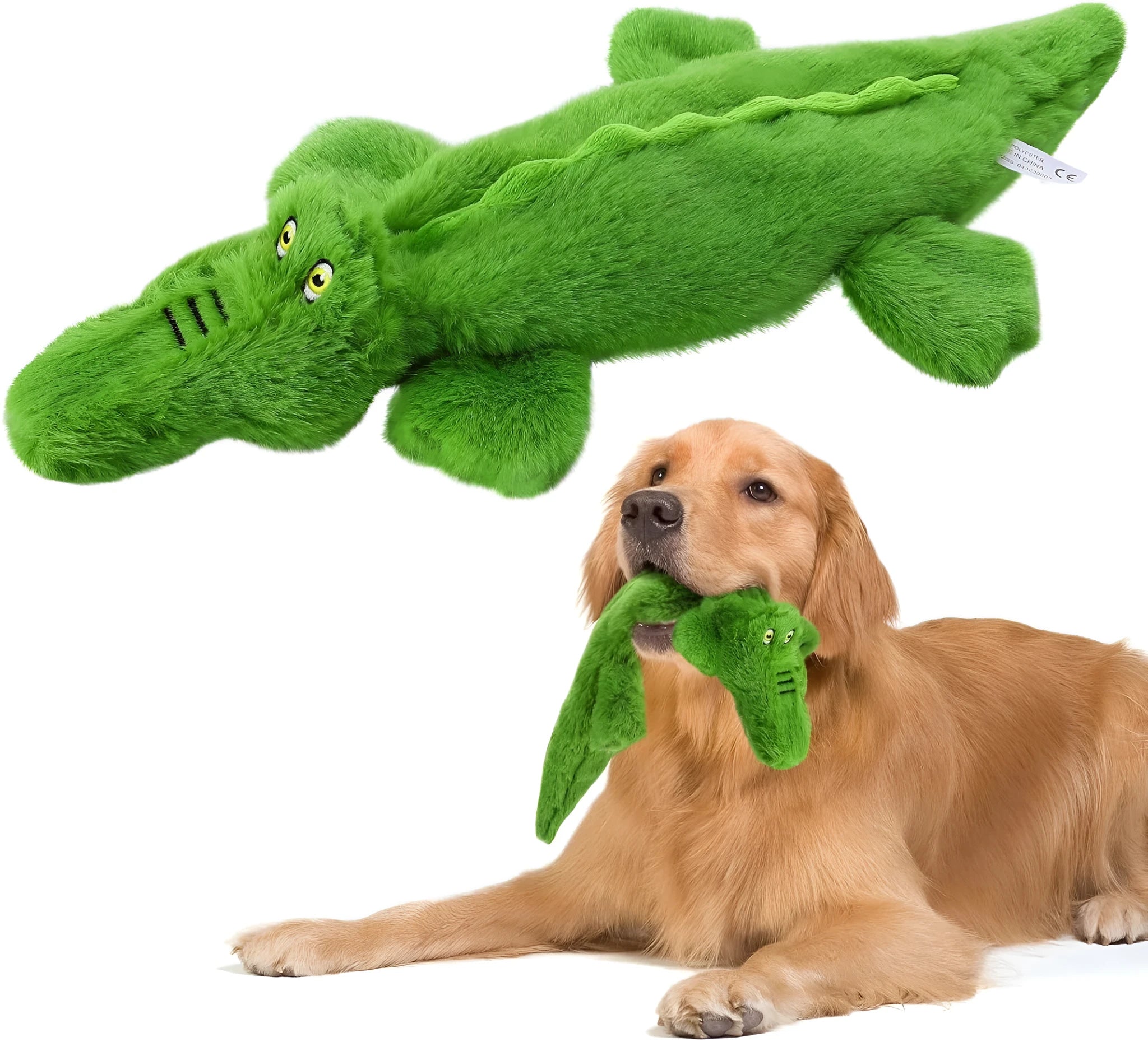 Green plush crocodile dog toy with no stuffing, squeaker in head, crinkle paper in tail, for aggressive chewers