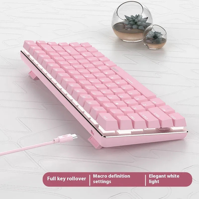 Pink 82-key mechanical keyboard with white backlighting and metal construction for laptop use