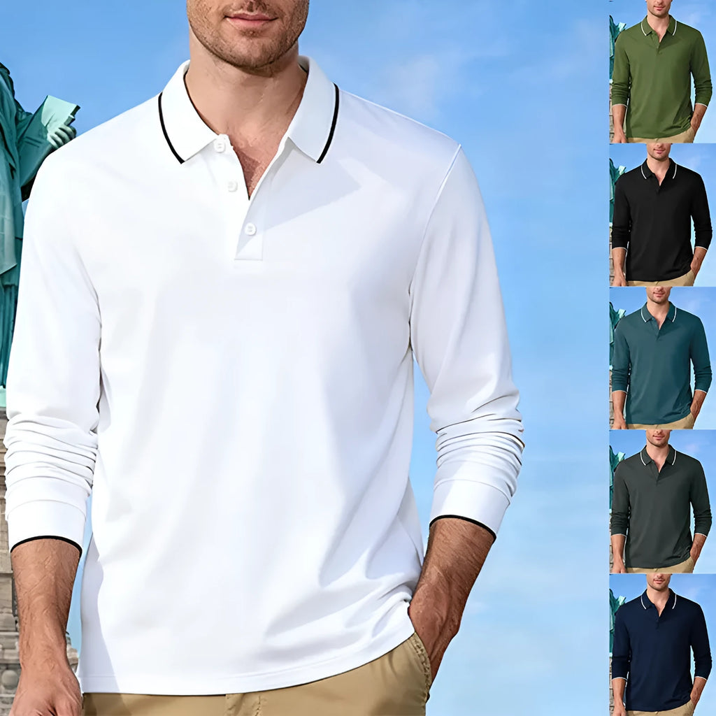 Men's casual jacquard polo shirt in solid colour, quick-dry long sleeve polyester, loose fit
