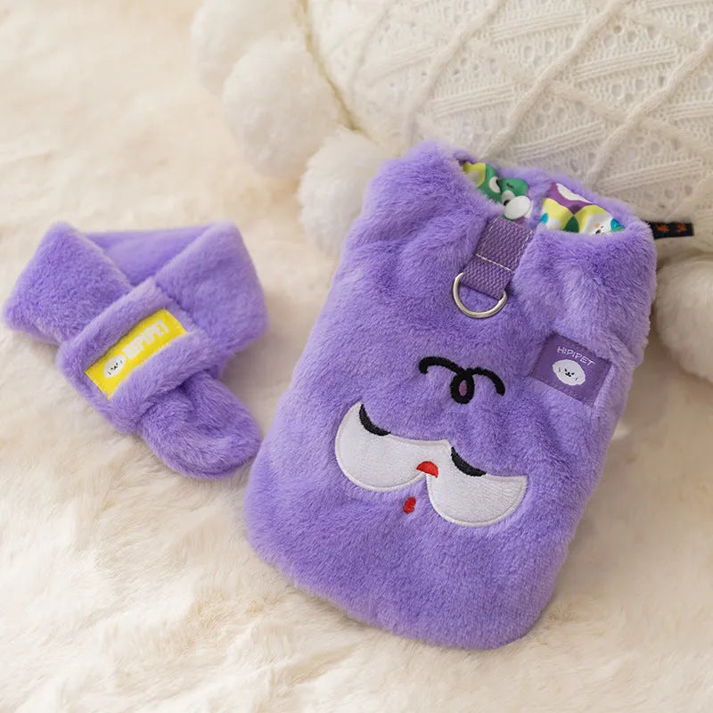 Autumn winter Korean dog hoodie with cartoon little bear design and scarf for small medium pets