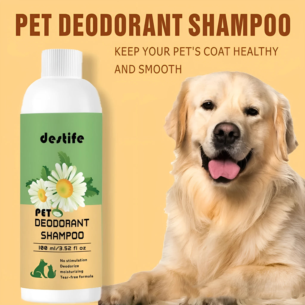 100ml bottle of deodorising shampoo and conditioner for washing dogs and cats.