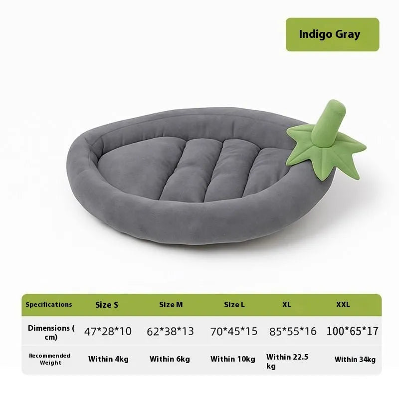 Rectangular washable dog mat with removable cover in purple, shown on a wooden floor.
