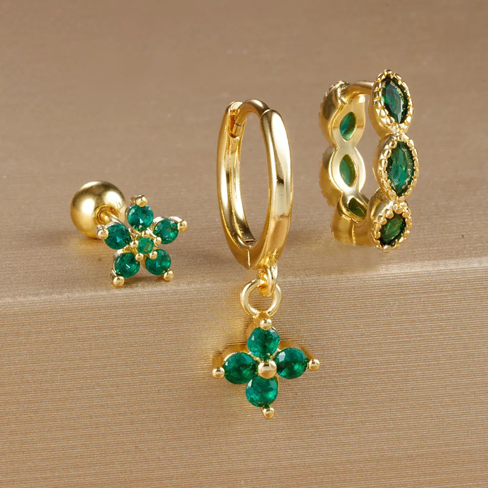Crystal flowers geometric cartilage earrings set on copper with electroplated gold finish