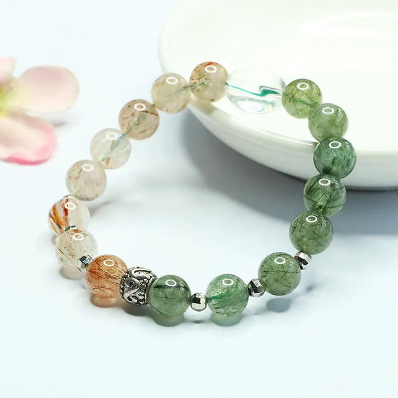 Green quartz rutilated and black gold Super Seven crystal bracelet Chinese style