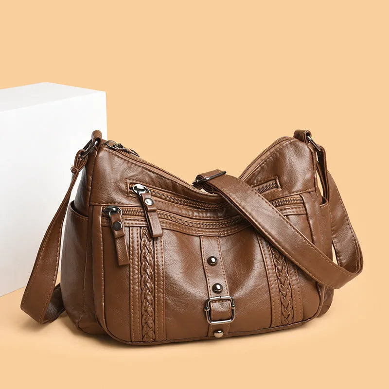 Fashionable versatile new soft PU shoulder messenger bag in horizontal square shape with slit pocket, available in five colours