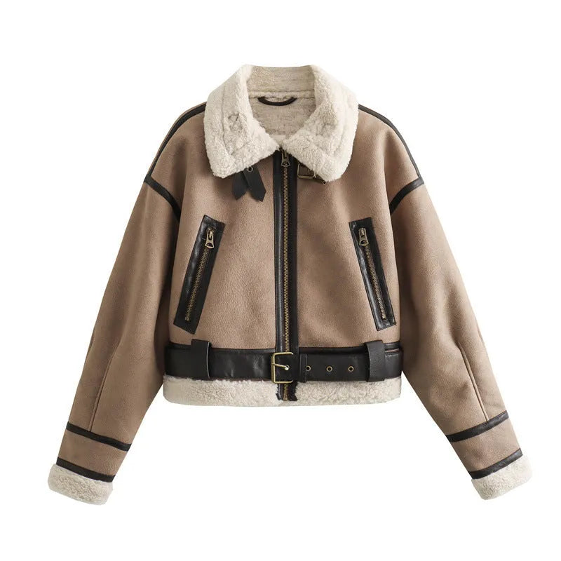 Women's long sleeve lamb wool splicing PU coat in khaki and brown, with zipper front, Japanese Korean casual unisex style