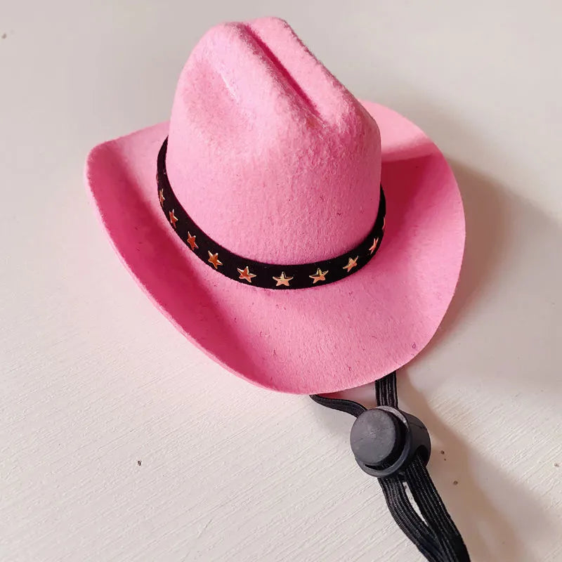 Brown British cowboy hat for a cat on a white background with a black ribbon trim.