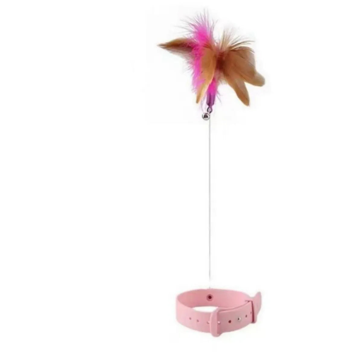 Blue adjustable cat collar with attached silicone teasing wand, dangling feathers, and bell