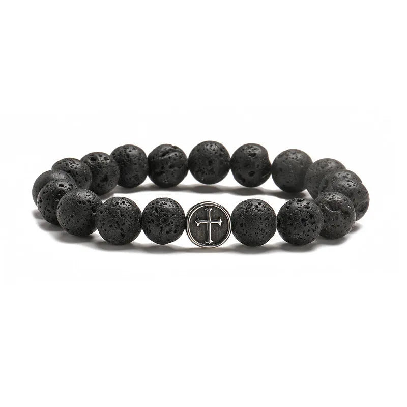 Volcanic rock agate geometric bracelet with stainless steel finish showing 10mm volcano colour stone
