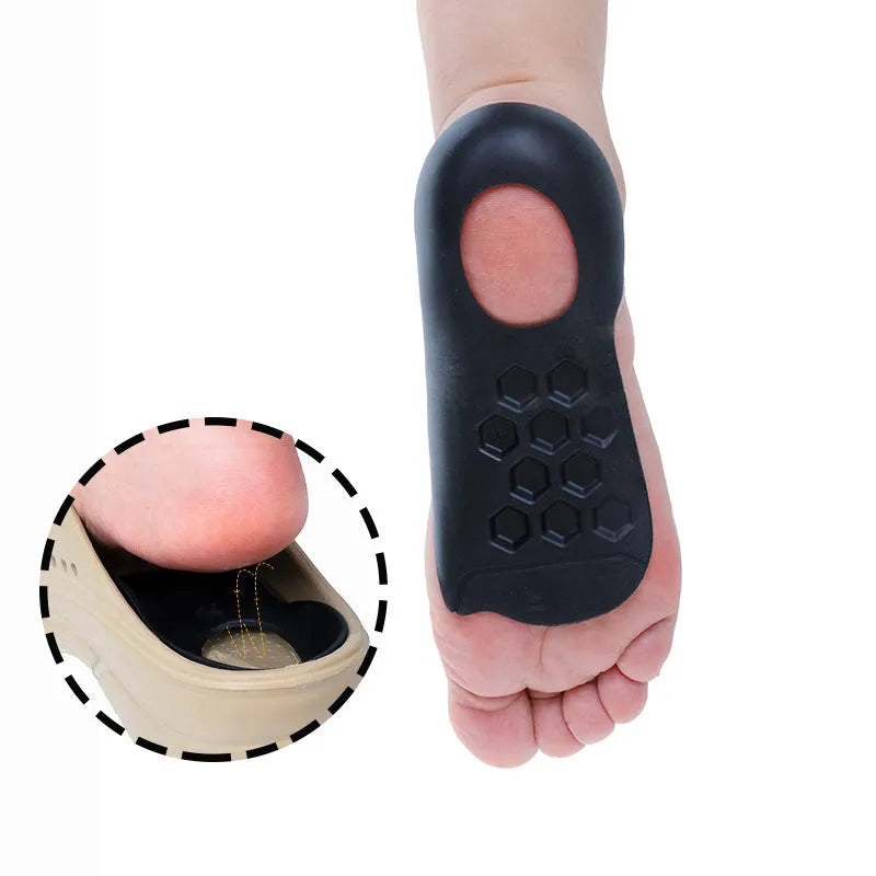 White, black, and skin colour arch support insoles for varus correction, showing TPR material and S/L arch sizes.