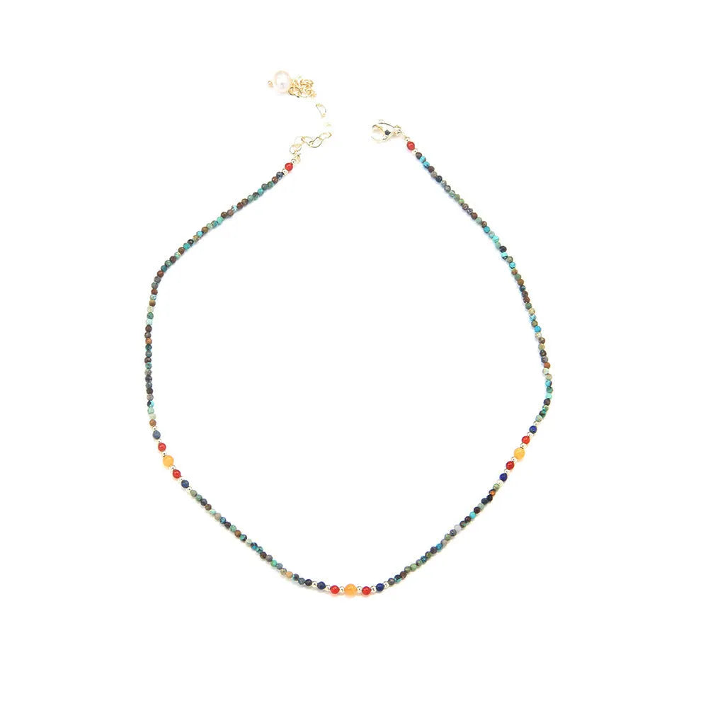 New cute broken silver necklace with natural pearl pendant and colourful beads on collarbone chain