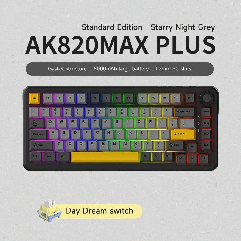 Three-mode mechanical keyboard in black, grey and yellow colour scheme with included accessories