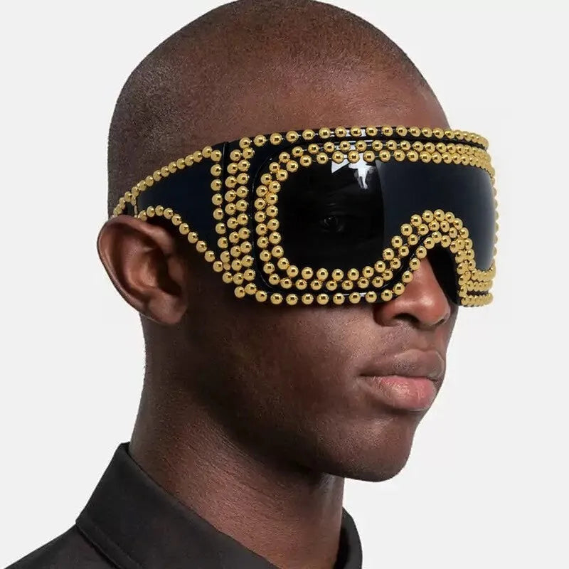 Men's silver punk sunglasses with large square frames and rivet details on the temples