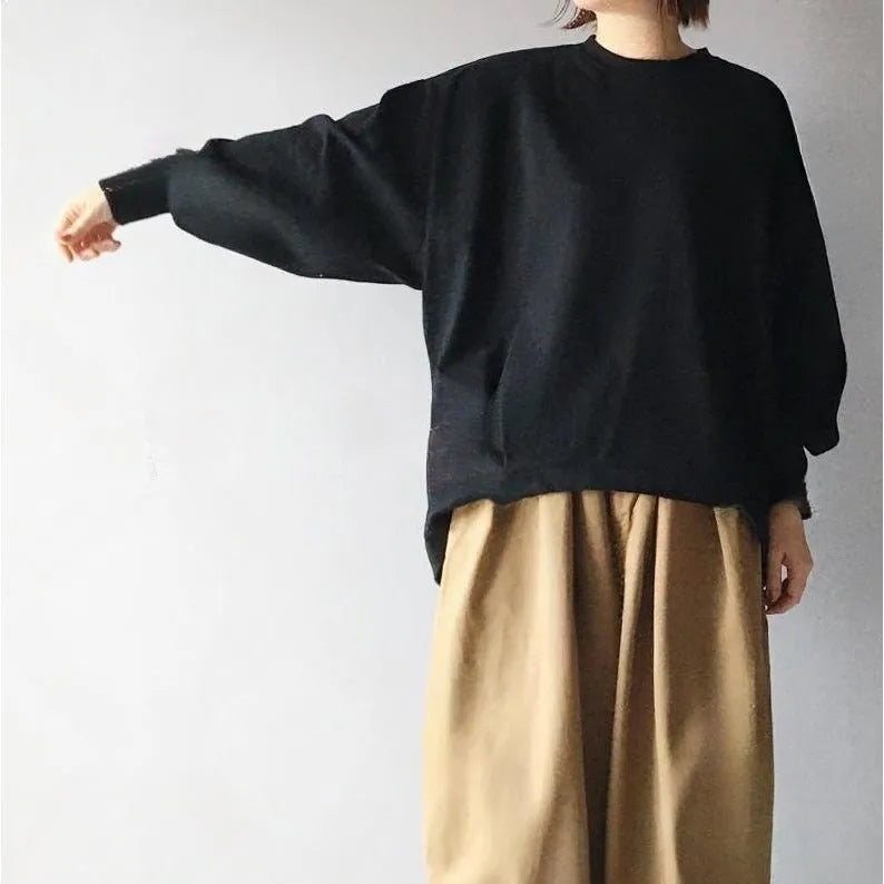Lantern sleeve loose round neck sweater and wide leg cropped pants two-piece set for women in polyester fibre