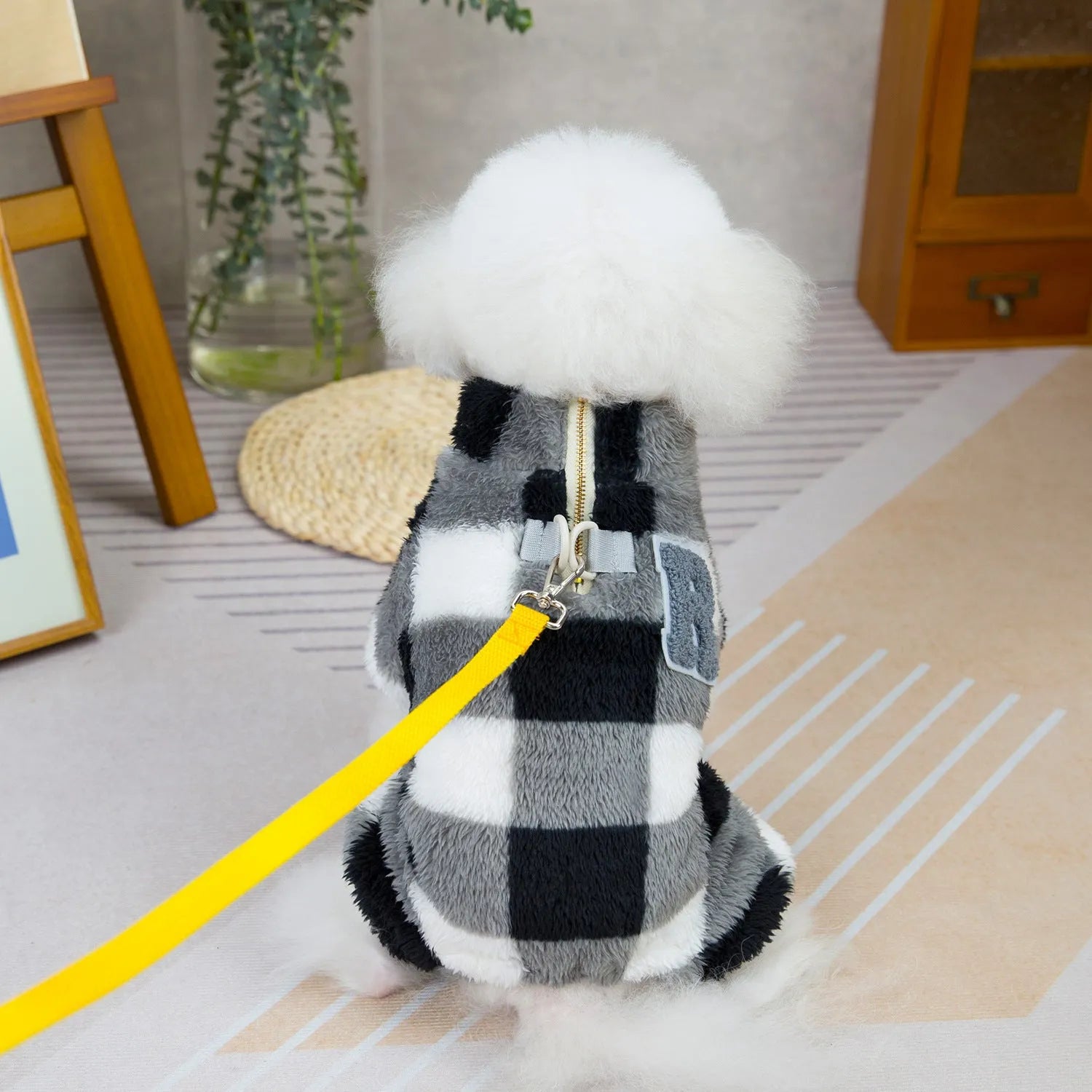 Double-sided velvet four-leg fluffy dog jacket in gray and brown, available in sizes S to XXL