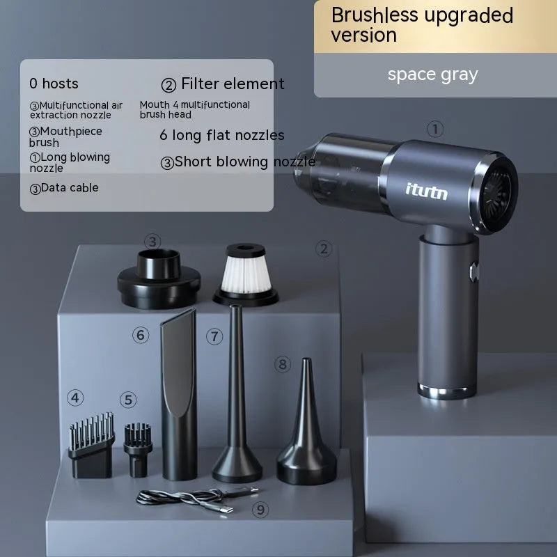 Space grey handheld car vacuum cleaner with cordless design and dual blowing/suction functions