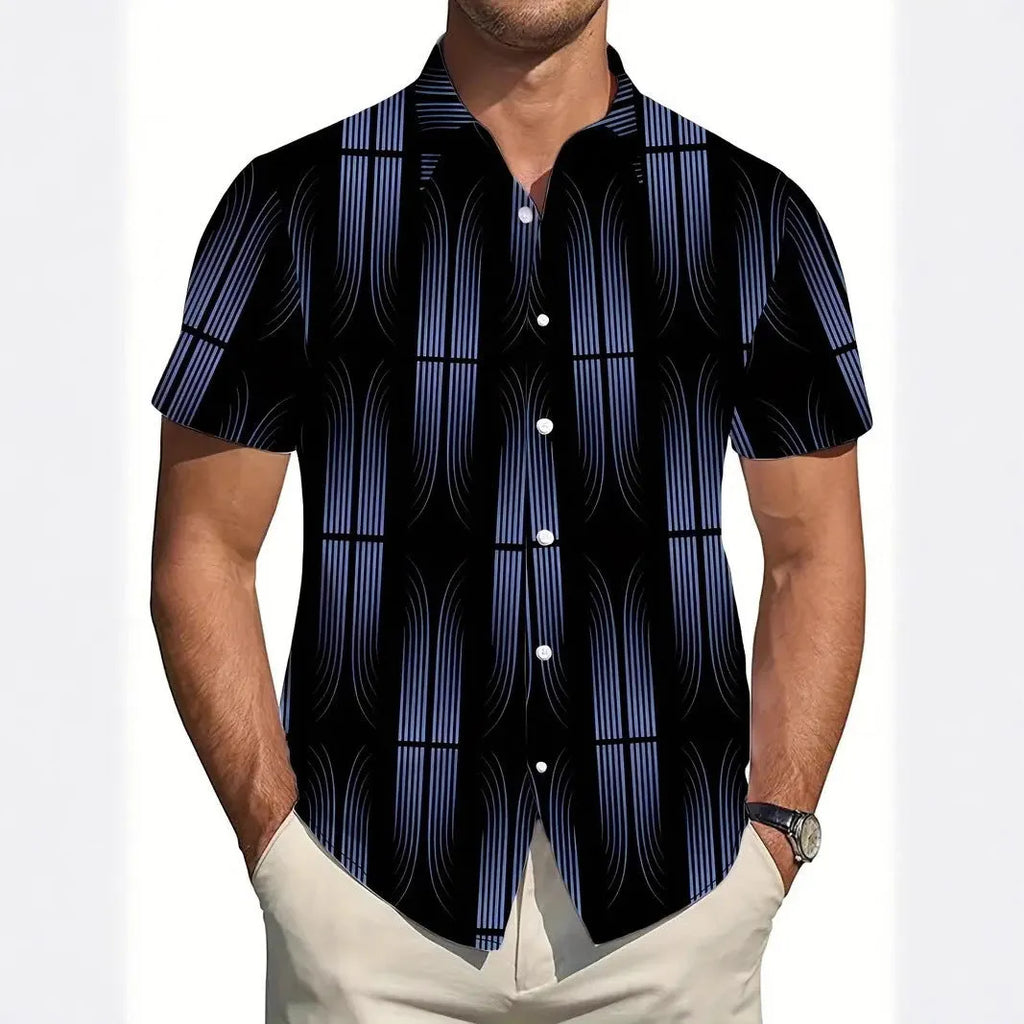 Men's geometric pattern short sleeve shirt with lapel collar on a slim fit model.