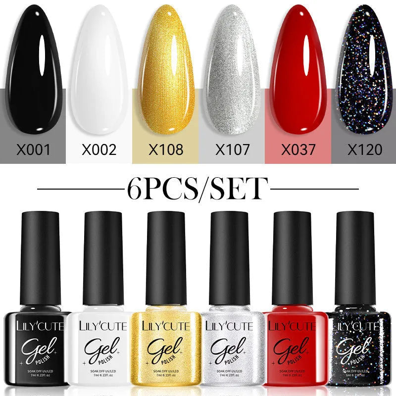 UV gel nail polish set with multiple colour bottles including nude and glitter options for nail art