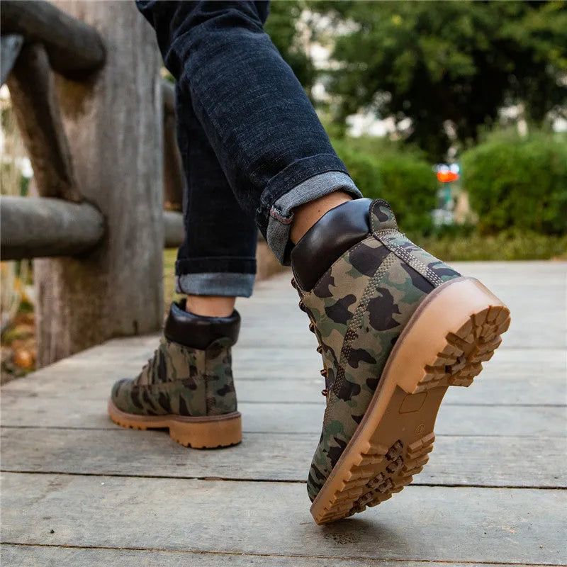 Men's pink high-top Martin boots with front lace-up and round toe design