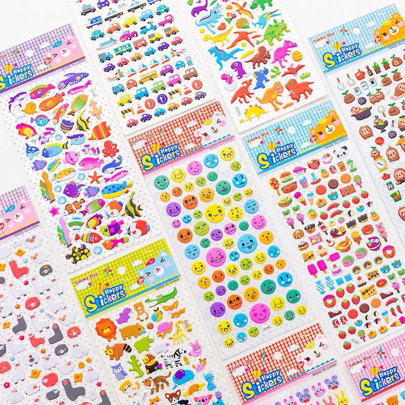 Cartoon three-dimensional bubble stickers showing raised puffy designs including alpaca, cat, dinosaur, and bunny themes
