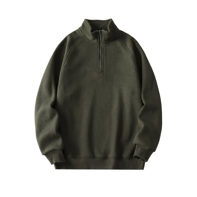Men's stand-collar fleece sweatshirt in army green with long sleeves, front view