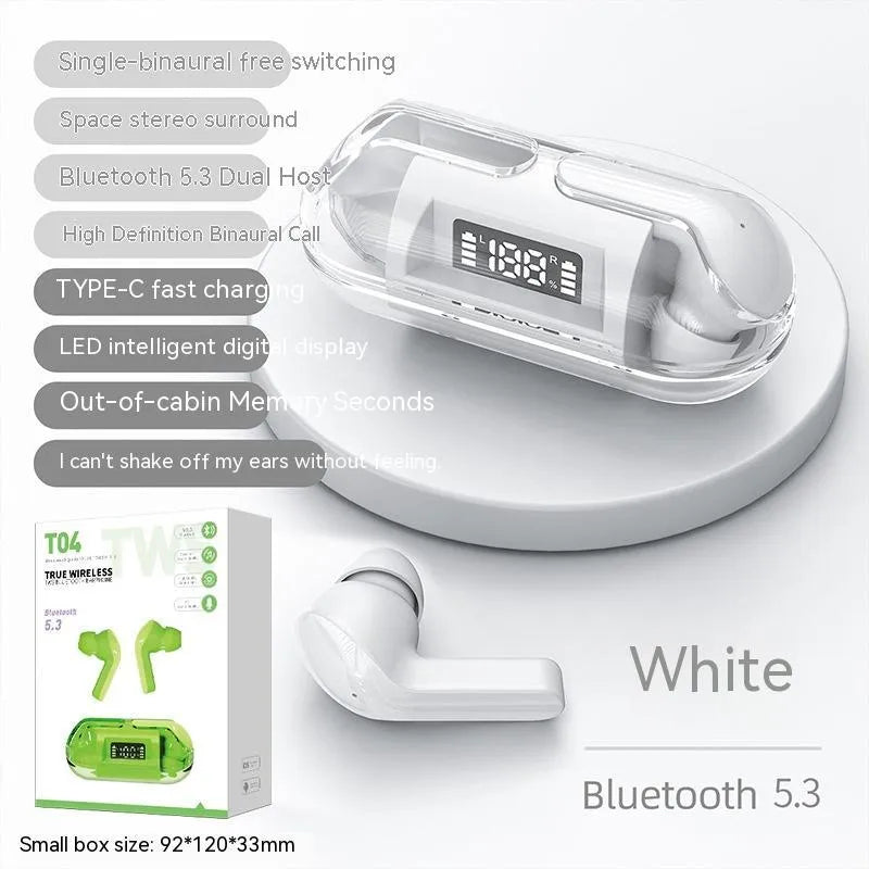 Bluetooth 5.3 wireless headset with transparent digital display charging case shown in pink, black, green, and white colour options.
