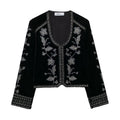 Women's casual embroidered velvet jacket in black with loose fit and long sleeves