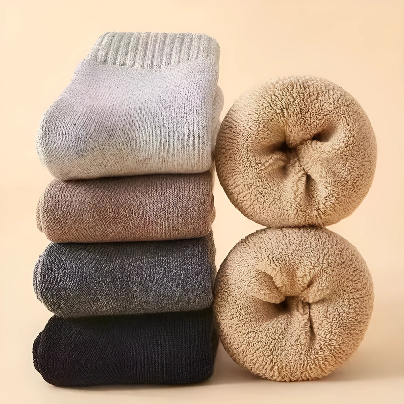 Pair of thick khaki merino wool socks with a ribbed cuff and reinforced heel and toe, shown flat.
