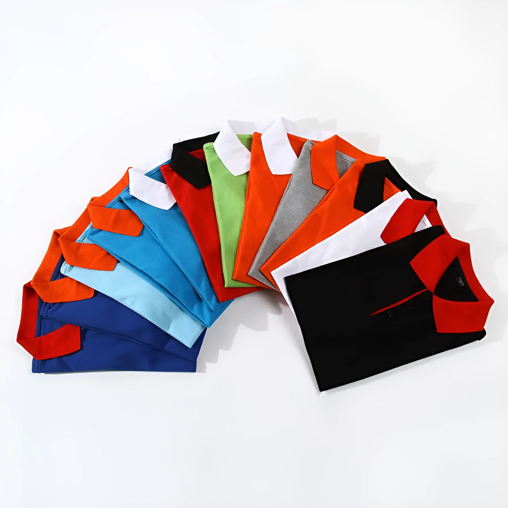 Men's loose fit cotton short sleeve advertising shirt in solid colour for work wear