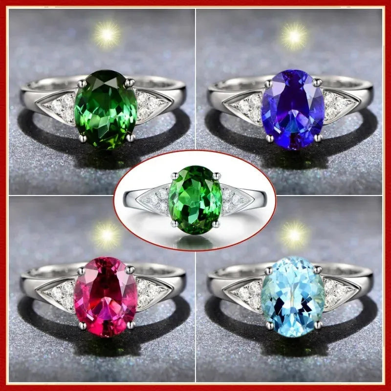 Women's natural zircon ring in court style with red and blue inlaid gemstone design.
