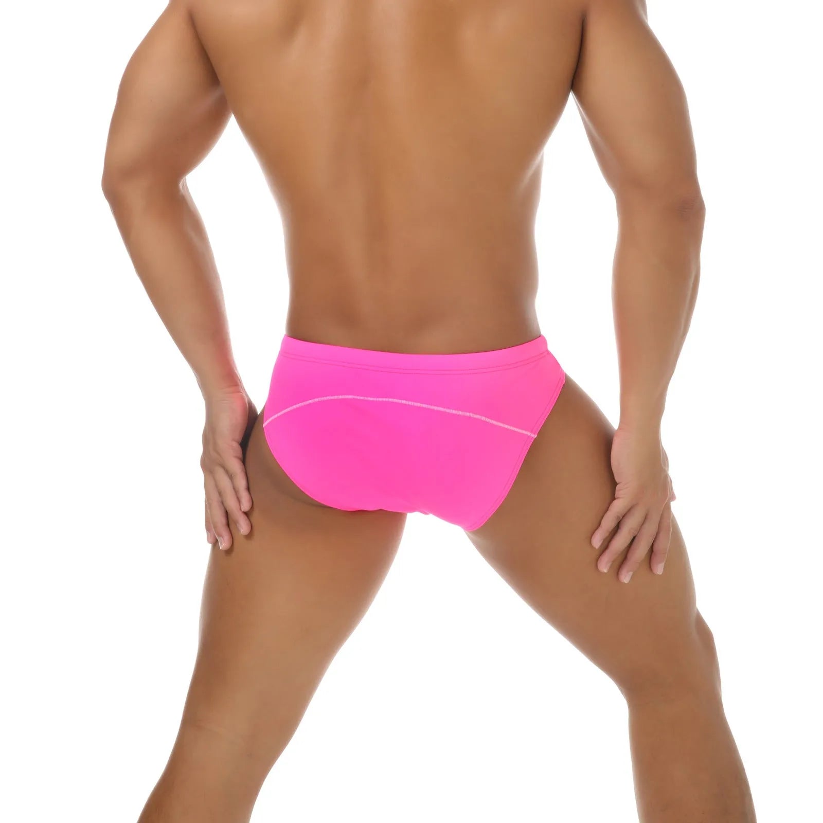 Men's nylon bikini swim trunks in white, black, red, rose red and sapphire blue colours