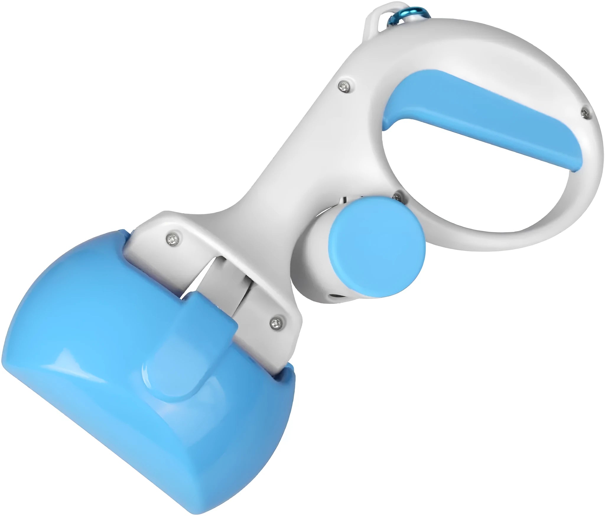 Heavy-duty ABS plastic pet pooper scooper with built-in trash bag holder in blue