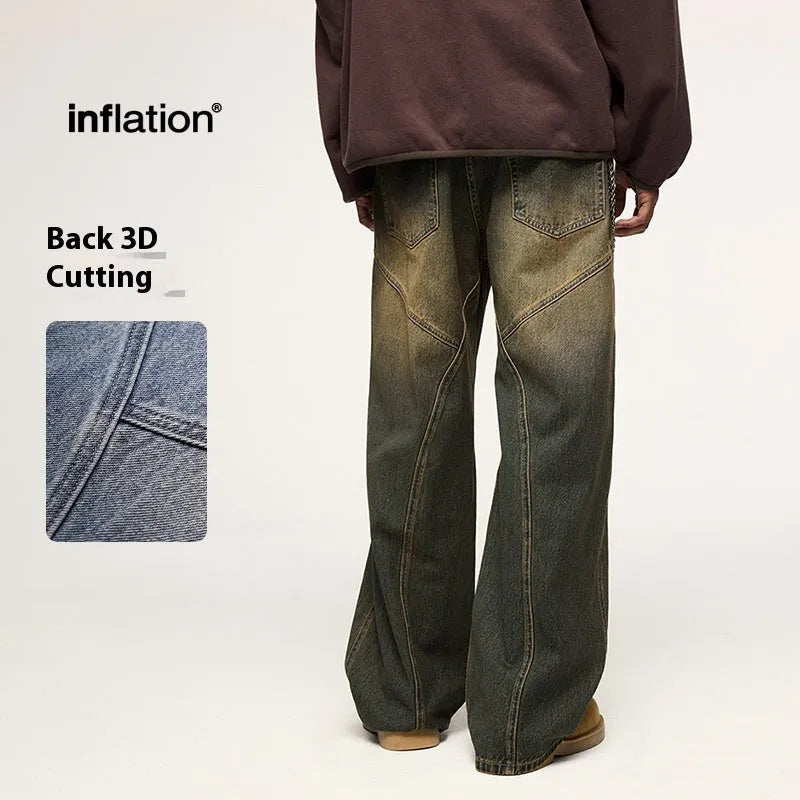 Men's washed wide leg jeans in vintage blue with straight leg cut and mid waist design