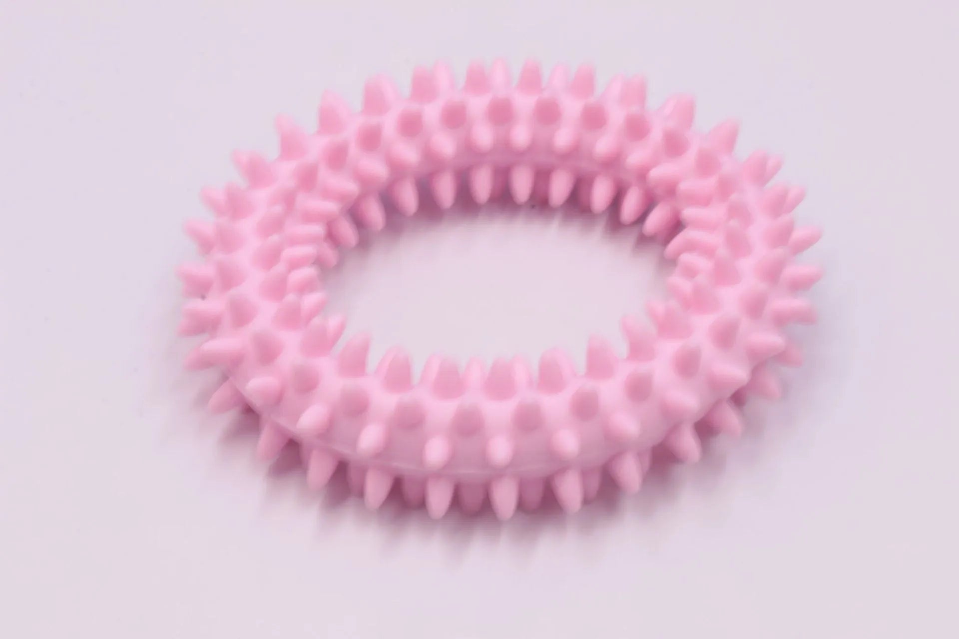 Blue TPR spiky circle ring dog chew toy for teeth cleaning on a white background.