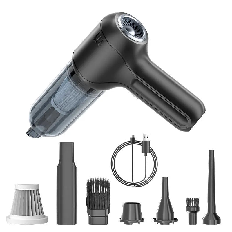 Black wireless wet and dry car vacuum cleaner with multiple nozzle attachments on a white background.