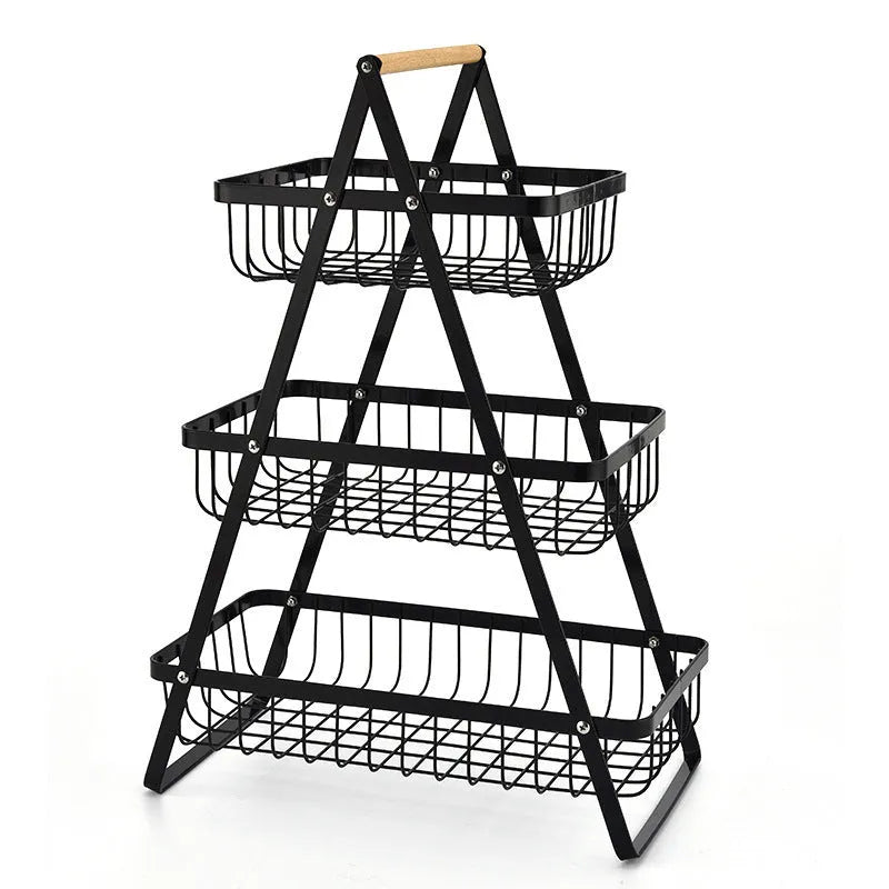 Black detachable iron double-layer fruit basket with wooden handle