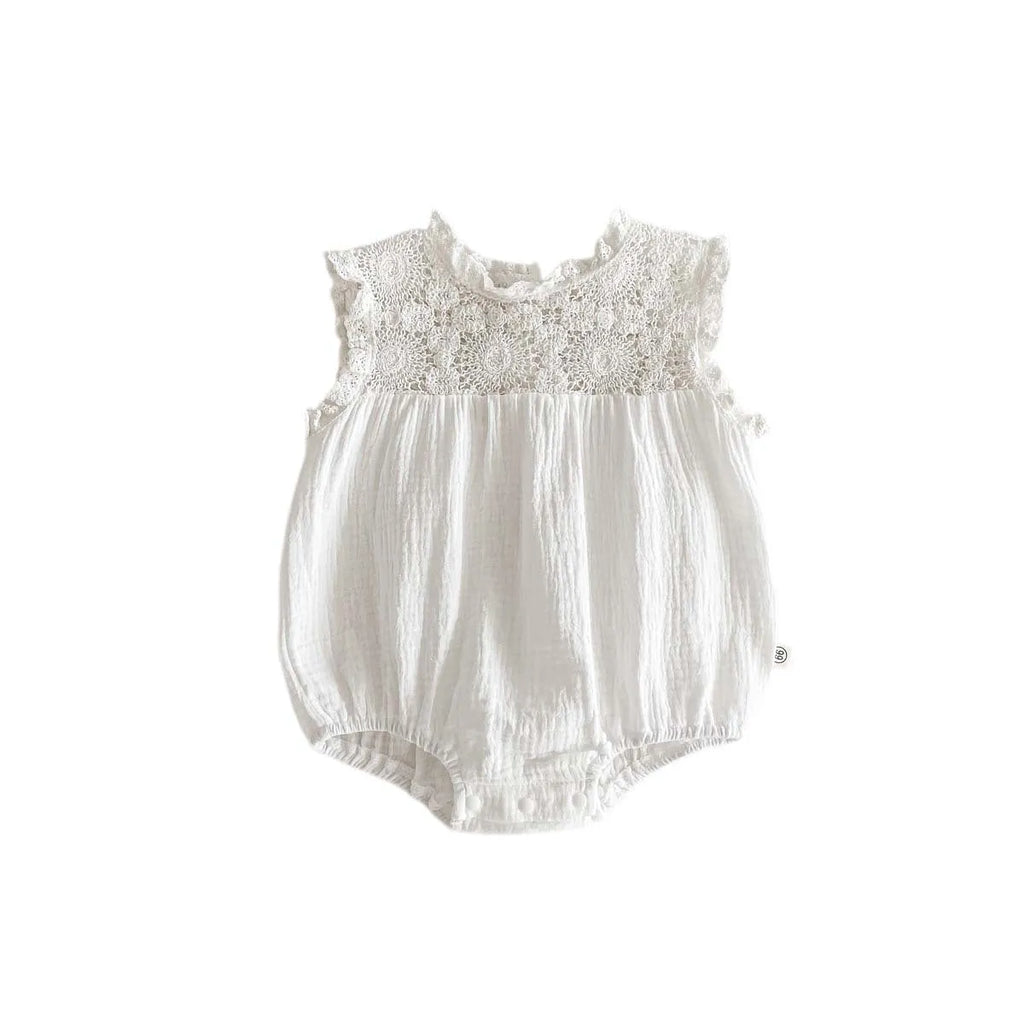 Baby girl cotton waffle lace romper in white with pullover style, suitable for 66-130cm height