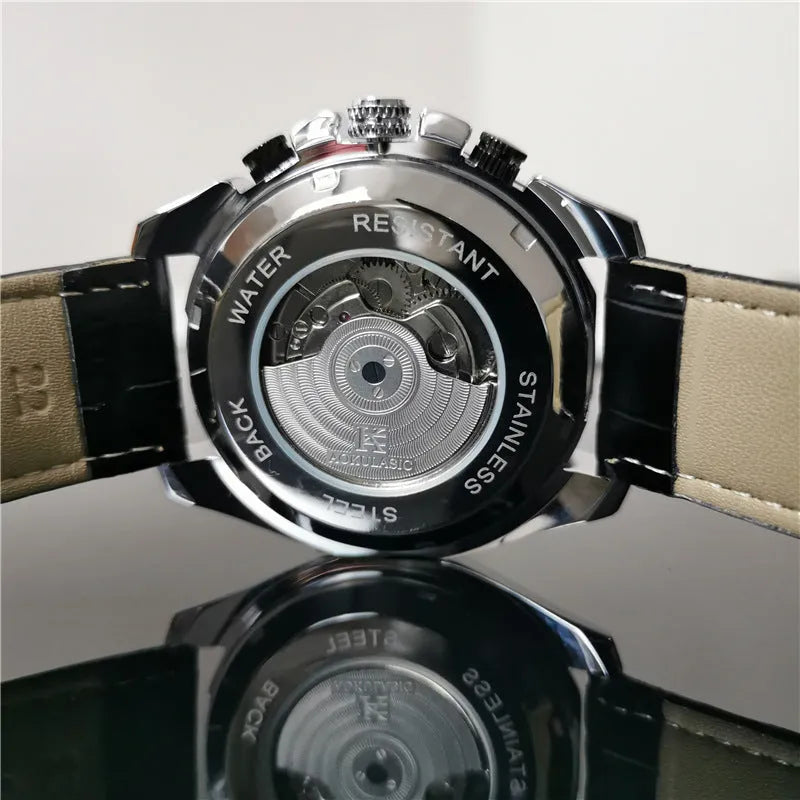Men's automatic mechanical watch with a casual design on a wrist, showing a silver case and white dial option.