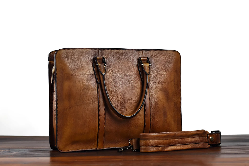 Men's 14 inch horizontal square leather handbag in business style with zipper