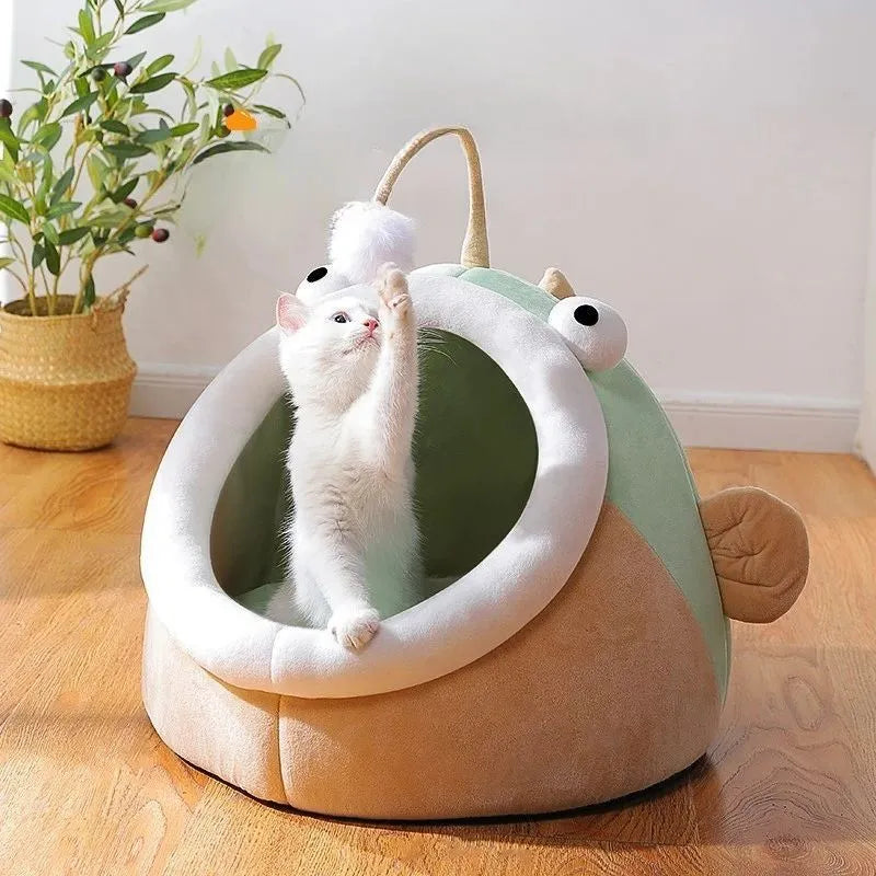 Grey semi-closed cat house with deerskin velvet fabric shown in small, medium, and large sizes.