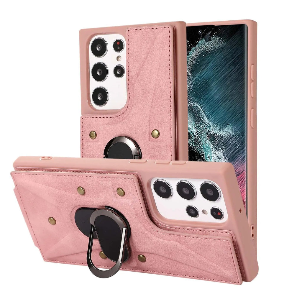 Samsung leather-style phone case with finger ring buckle, card slot and stand bracket in black