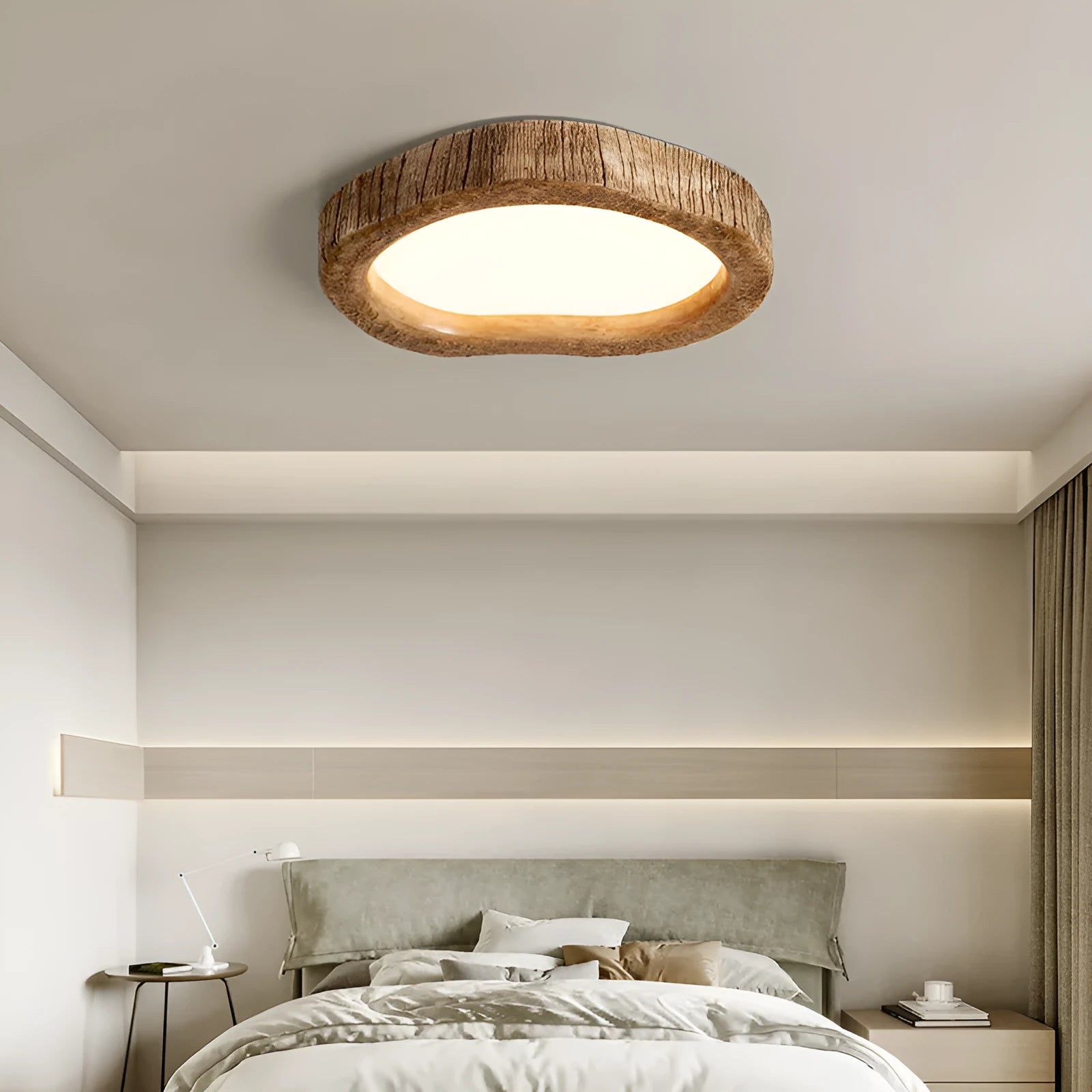 Wood grain finish round ceiling lamp in a new Chinese style design for bedroom lighting.