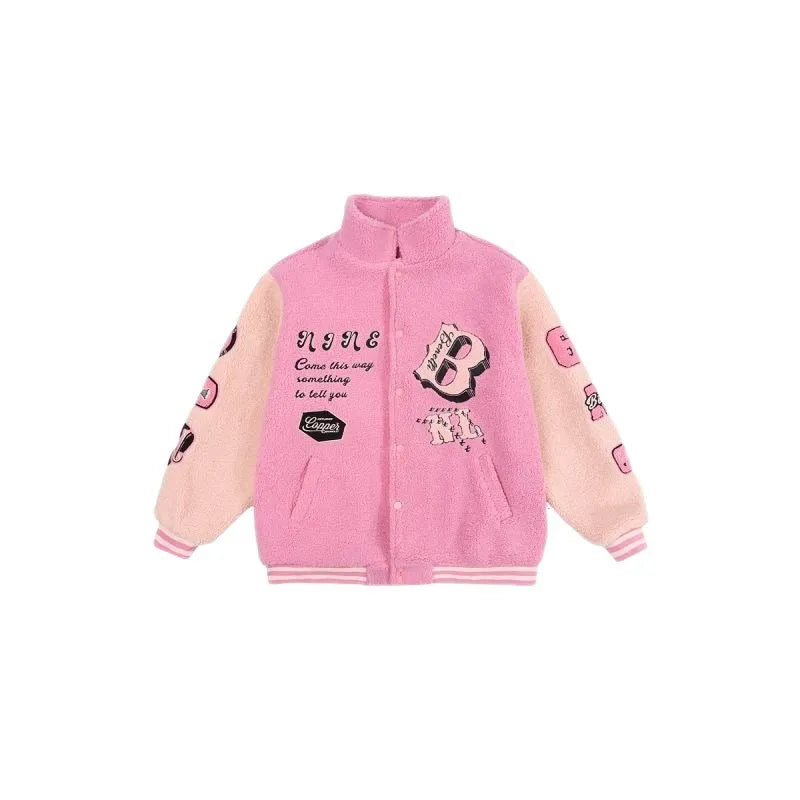 Women's plus size down thickened lambswool cotton coat in college style in pink colour