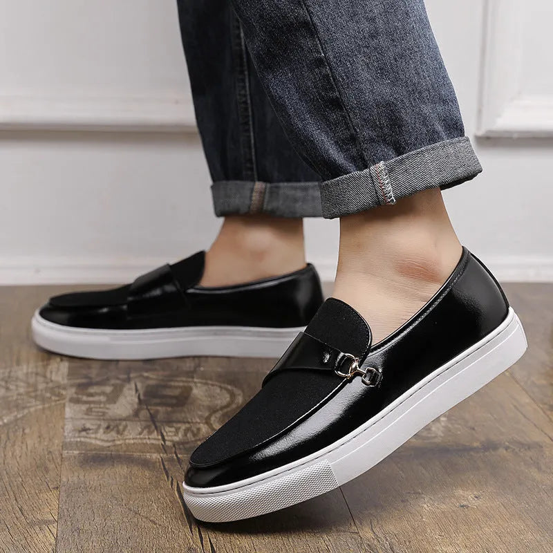 Men's Leather Shoes Business Slip-on Casual Shoes with Rubber Sole and Sewing Line Detail Black or Red Low Top Round Head Design Available in Sizes 38-48