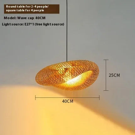 Bamboo hanging lamp with straw hat-shaped rattan weave in natural tones showing light diffusion